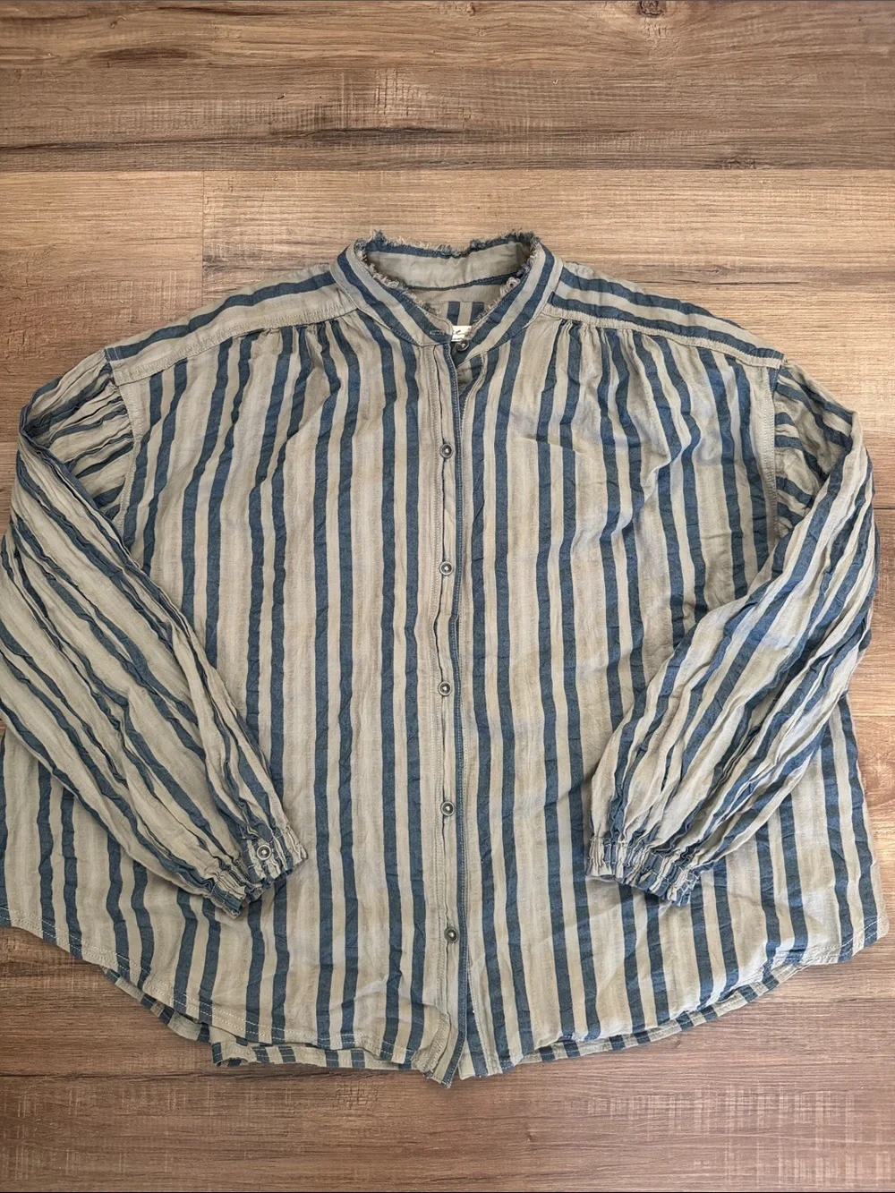 We the Free Set Sail Balloon Sleeve Blouse Size Small Striped Blue Gray